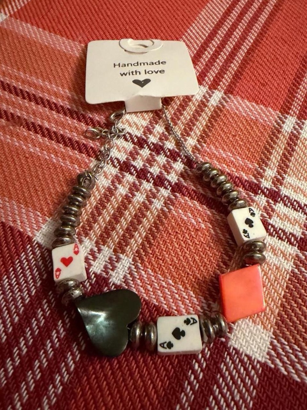 Handmade Women’s Heart & Card Bead Bracelet in Black and Coral